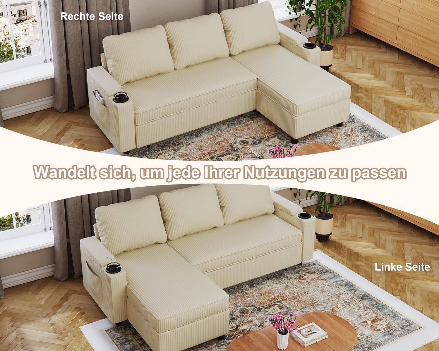 Devoko Ecksofa mit Schlaffunktion L-Form Schlafsofa mit Bettkasten Velours