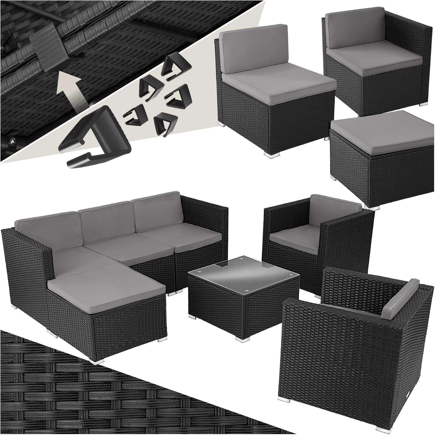tectake Poly Rattan Lounge Gartenmöbel Set mit Sofa, Sesseln & Tisch