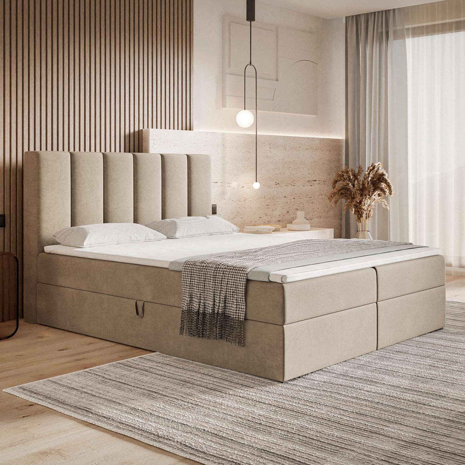 Motivena Santiago Boxspringbett 160x200 Beige Samt – Bett mit Bettkasten