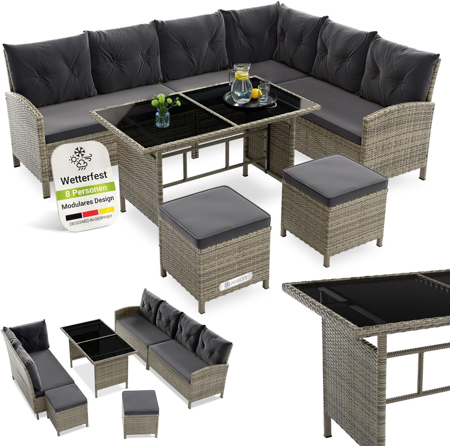 Juskys Polyrattan Gartenlounge Grau – Sitzgruppe mit Ecksofa, Tisch, Hocker