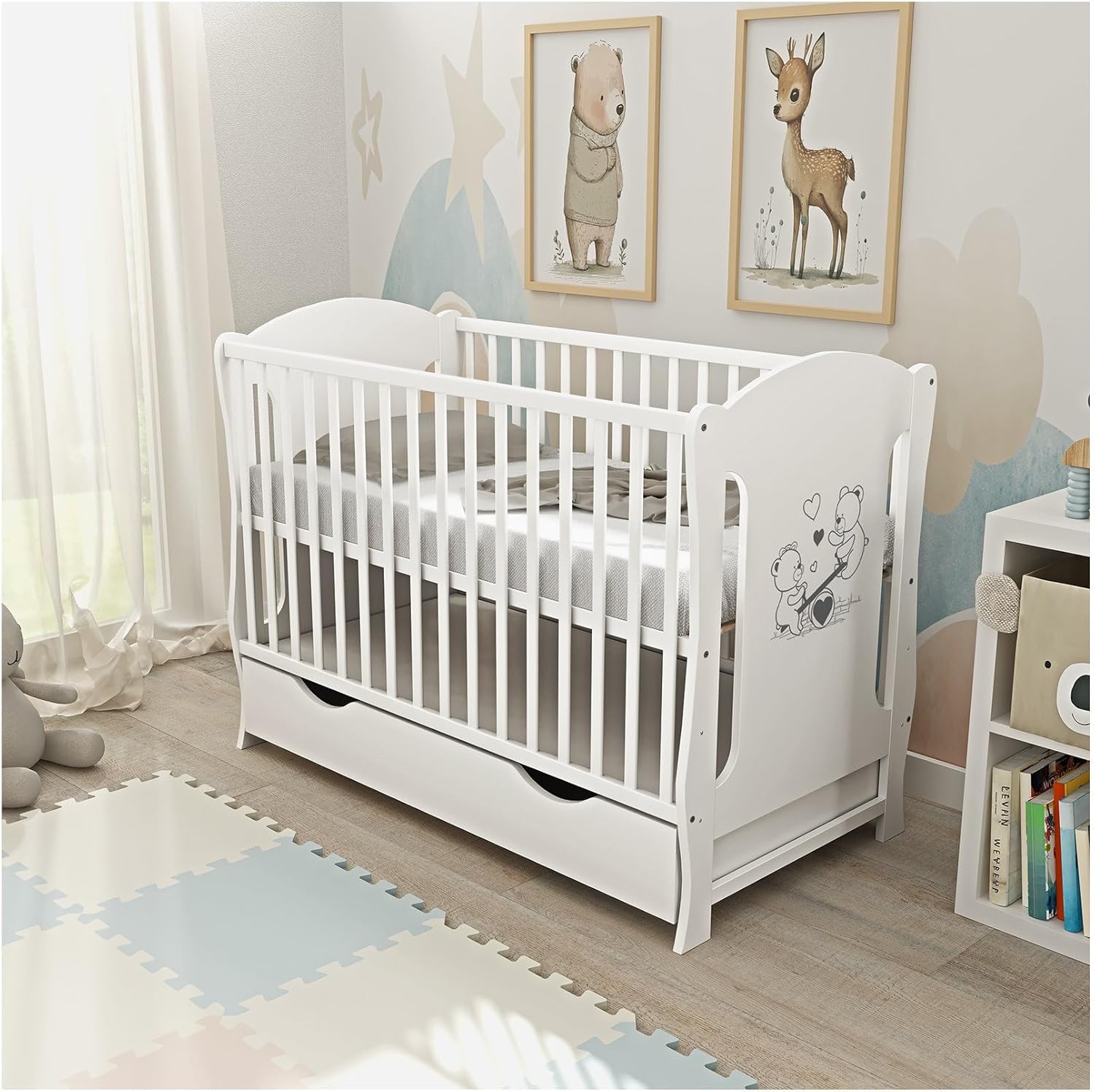 Baby Delux Babybett 60x120 Weiß mit Matratze & Schublade