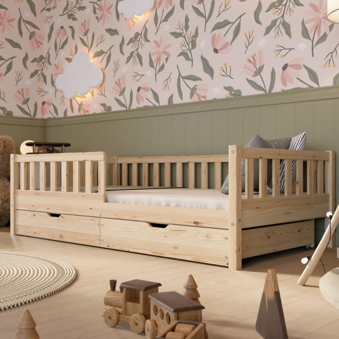 Crazy Pine Montessori Bodenbett Kinderbett Holz mit Schublade Rausfallschutz