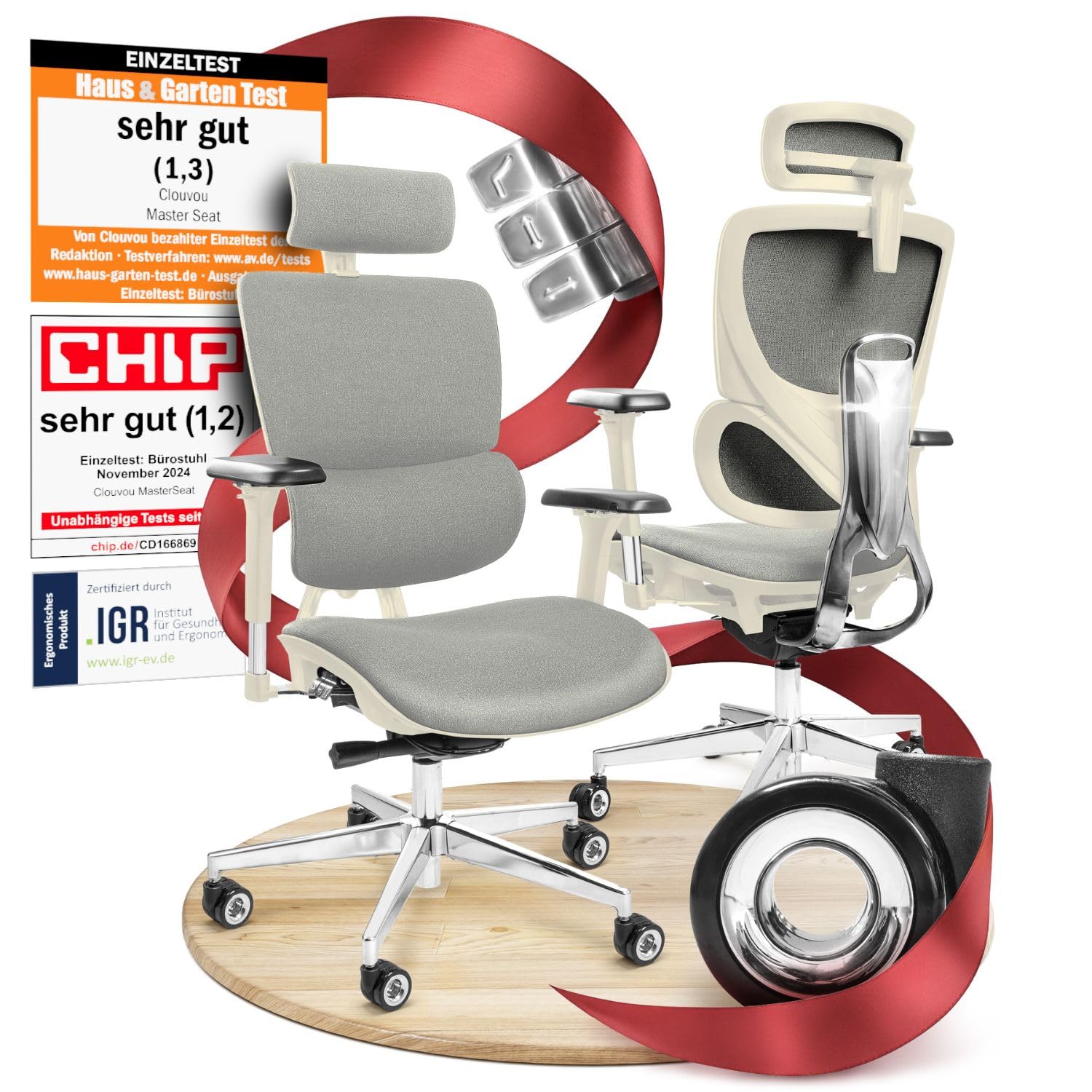 CLOUVOU BrightSeat Bürostuhl Ergonomisch Schwarz bis 150 kg mit Kopfstütze