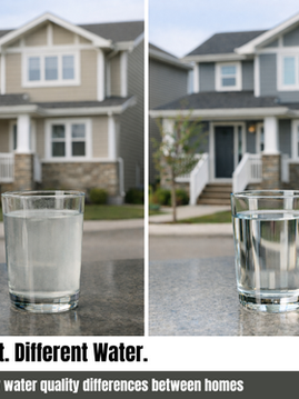 Side-by-side homes on the same street showing two glasses of water, illustrating city water quality differences between neighbouring houses