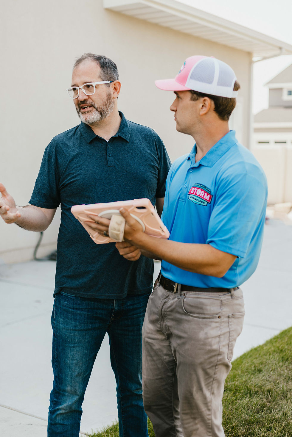 Door-to-door sales representative promoting residential sprinkler installation services in Utah