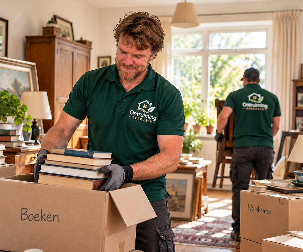 Twee medewerkers van Ontruiming Geregeld aan het werk tijdens een woningontruiming.