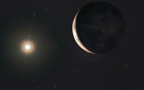 The planet Moira partially, dimly lit by Barnard’s Star.