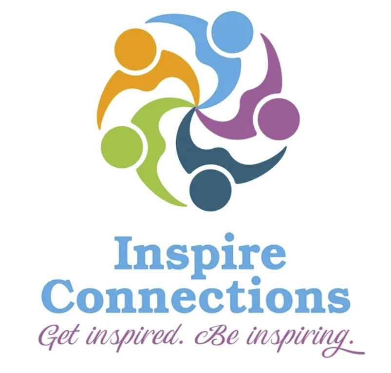 Circular logo with colorful abstract figures interlocking. Text below reads "Inspire Connections" and "Get inspired. Be inspiring." in blue and purple.