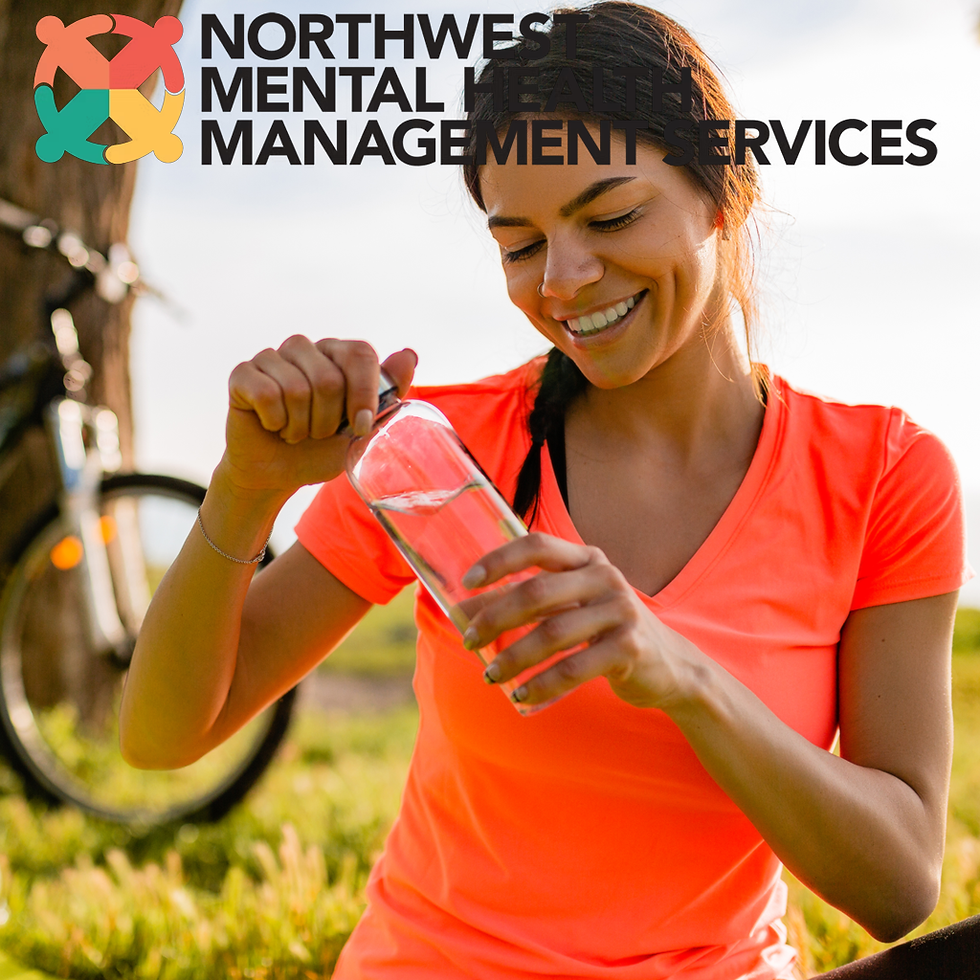 Woman in a bright orange shirt smiles while opening a water bottle outdoors. Bicycle nearby. Logo: Northwest Mental Health Management Services.