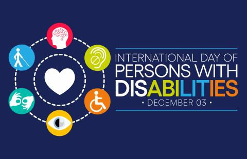 Icons representing disabilities and a heart surround text: "International Day of Persons with Disabilities, December 03," on a dark blue background.