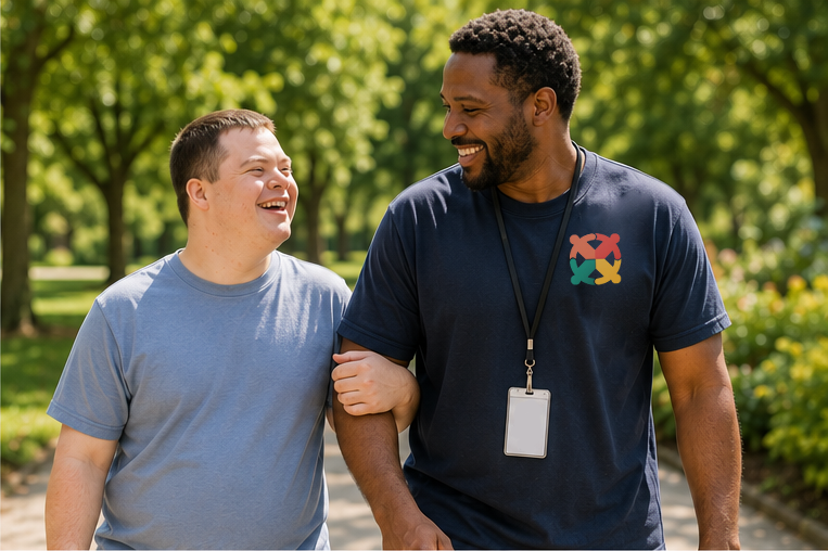 Two men walk arm in arm in a sunny park, smiling at each other; one wears a navy shirt with a colorful logo and badge.