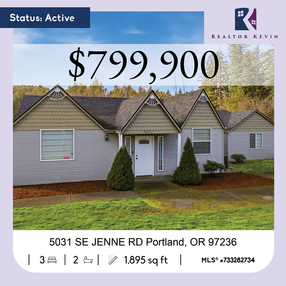House for sale at 5031 SE Jenne Rd, Portland, $799,900. Gray exterior, green lawn. 3 beds, 2 baths, 1,895 sq ft. Status: Active.