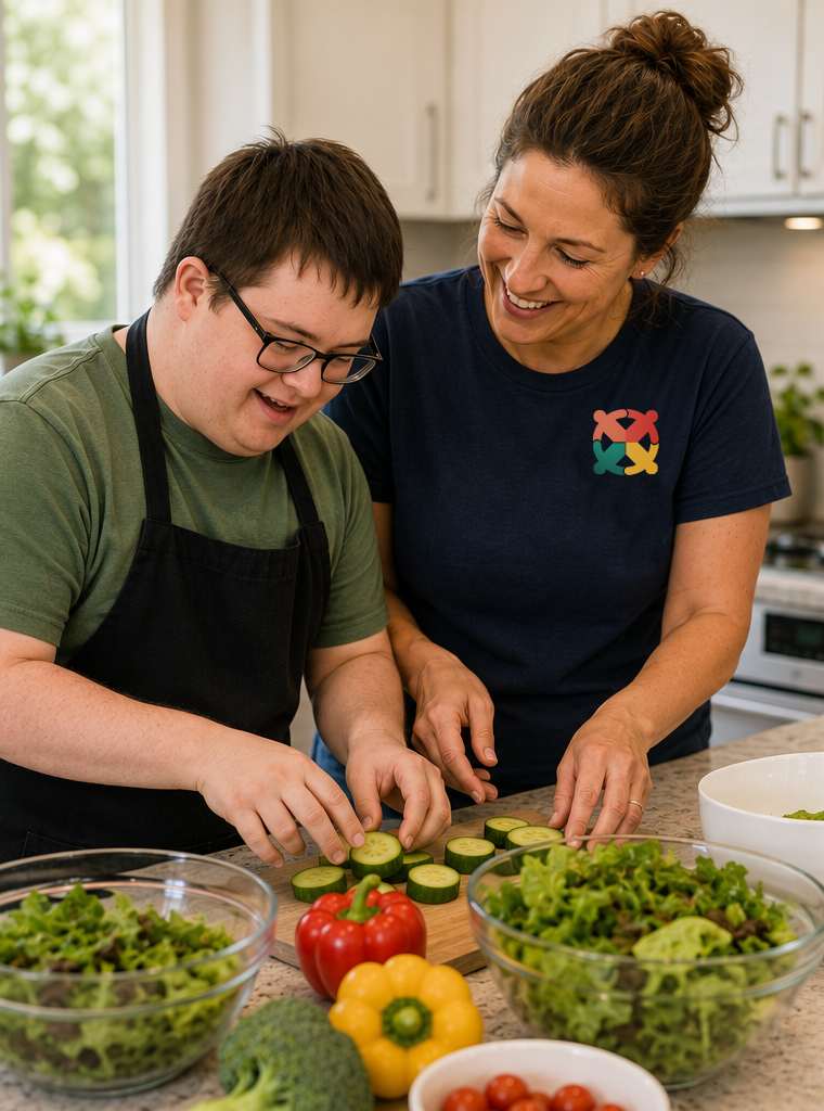 Smiling woman helps a young man slice cucumbers in a bright kitchen, with bowls of lettuce, peppers and broccoli on the counter.