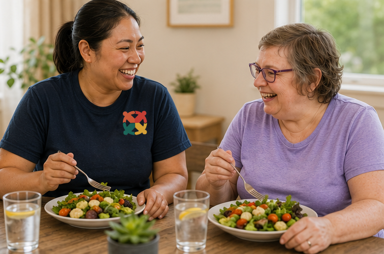 Two women laugh over salads at a dining table in a bright room, each holding a fork, with glasses of water and a window behind.
