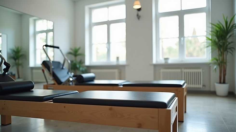 Close-up view of Pilates reformer machine in a bright studio
