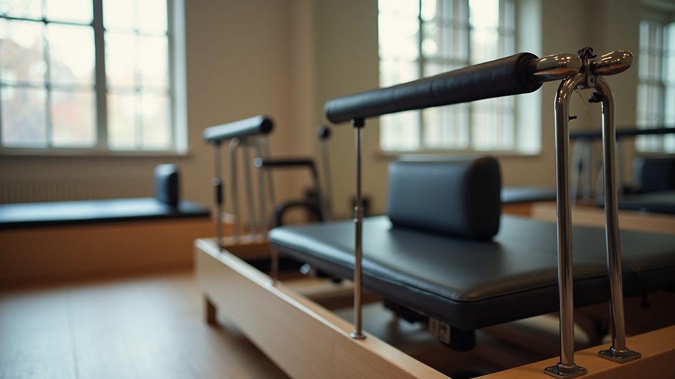 Close-up view of Pilates reformer machine in studio