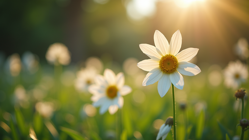 Eye-level view of a peaceful garden with blooming flowers