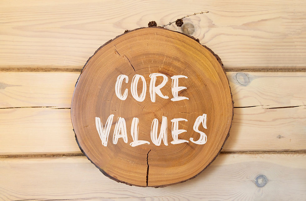 Log slice with white text "core values"