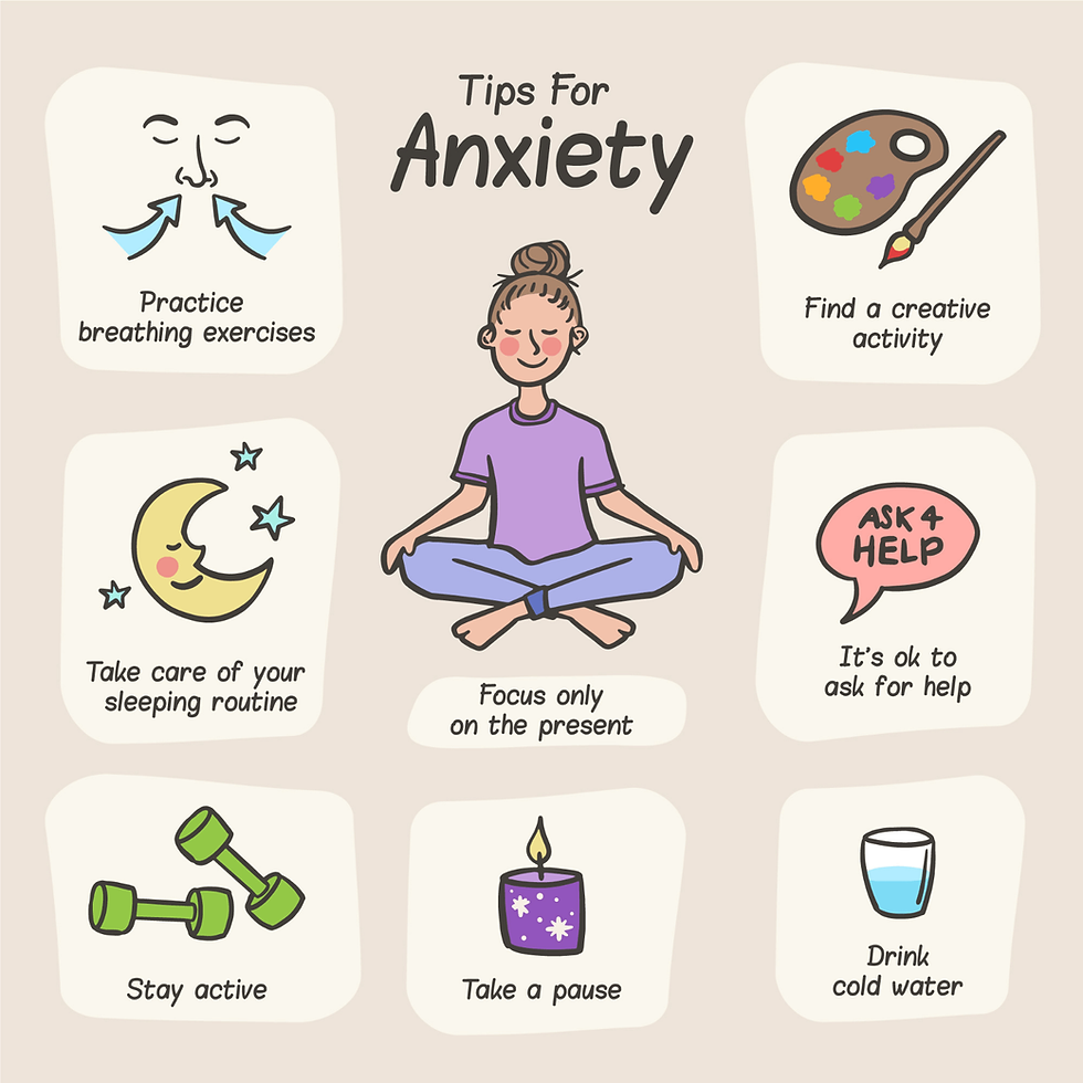 Tips for managing anxiety; breathing, sleep, active, being creative, ask for help