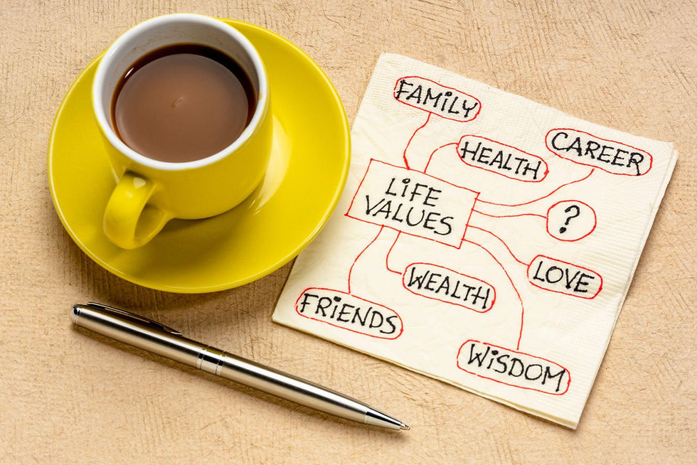 Coffee cup, pen and napkin with examples of life values: friends, wealth, wisdom, love, career, health, family