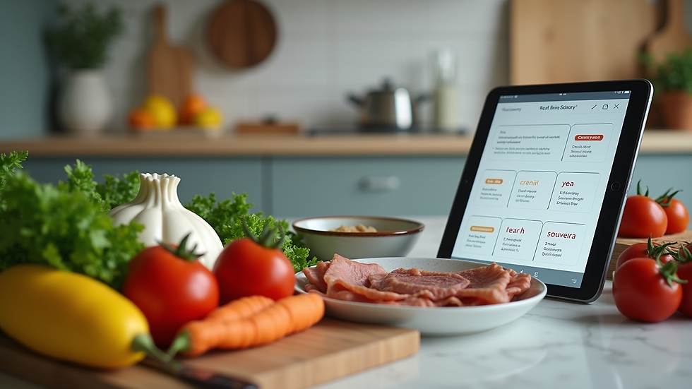 Eye-level view of a modern kitchen with fresh ingredients and a tablet displaying meal plans