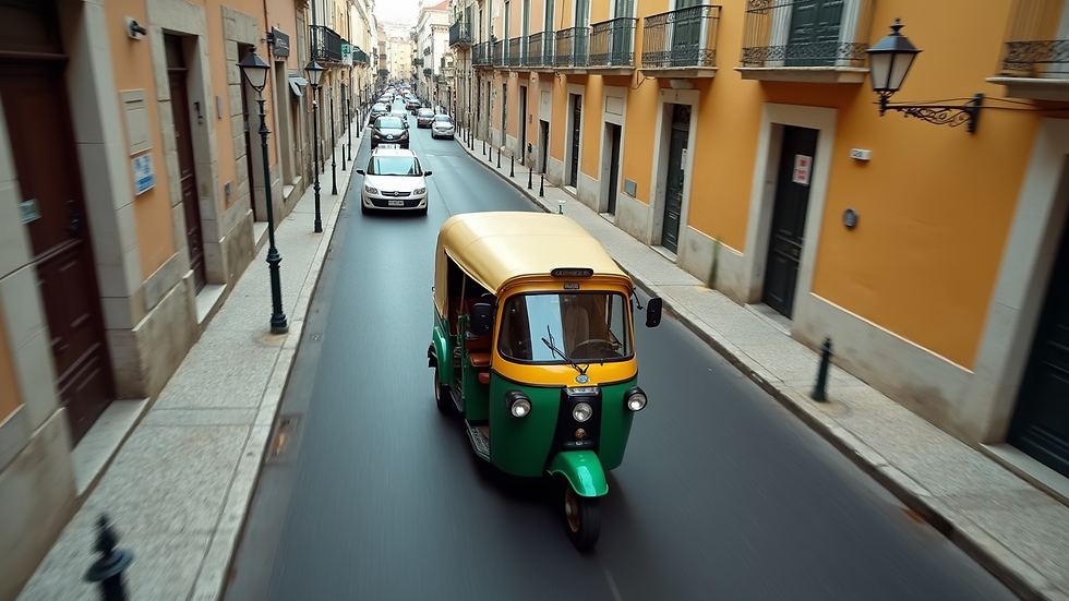 High angle view of a tuk-tuk driving through Lisbon’s narrow streets