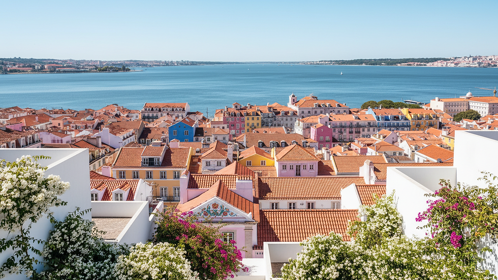 Wide angle view of Lisbon’s colorful rooftops and the Tagus River