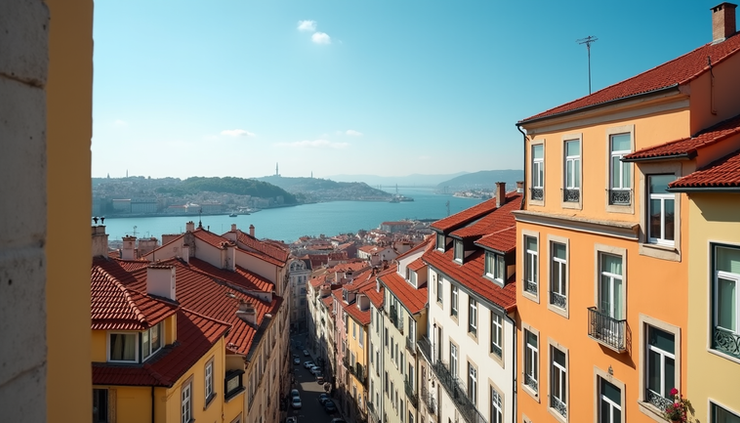 Eye-level view of Lisbon’s colorful buildings and the Tagus River in the background