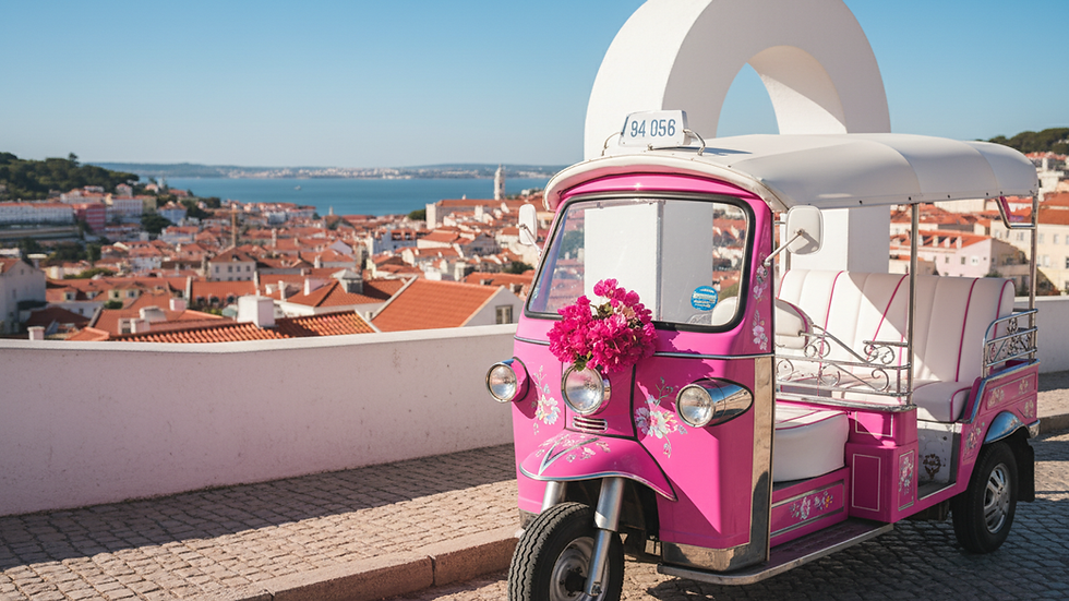 Close-up view of a tuk tuk parked near a viewpoint overlooking Lisbon’s rooftops and the river