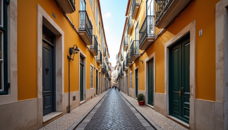 Eye-level view of the colorful streets of Lisbon's Alfama district