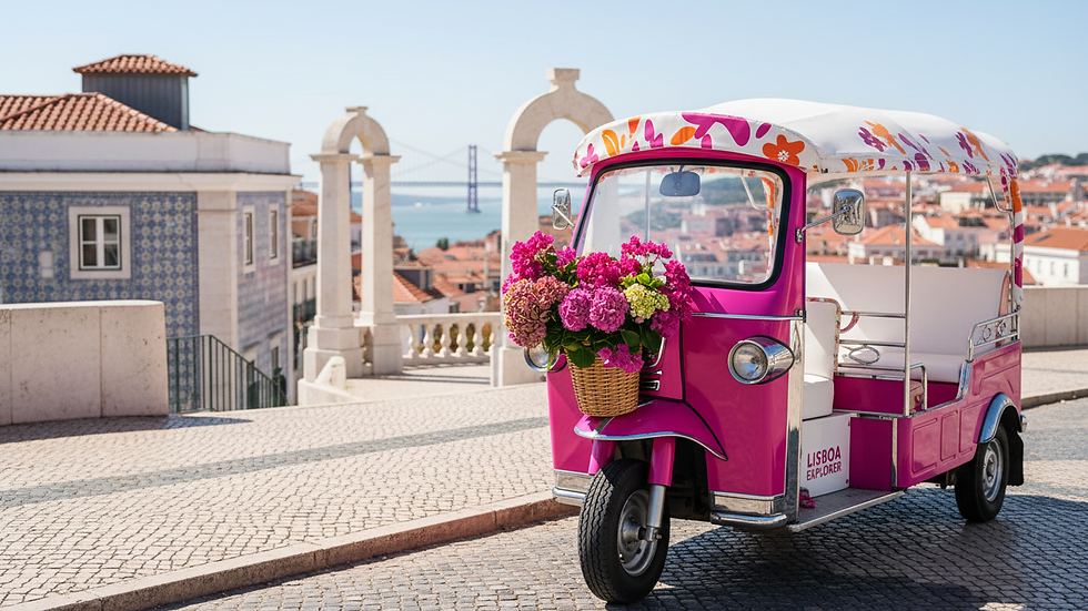 Close-up view of a tuk tuk parked near a Lisbon viewpoint with cityscape in the background
