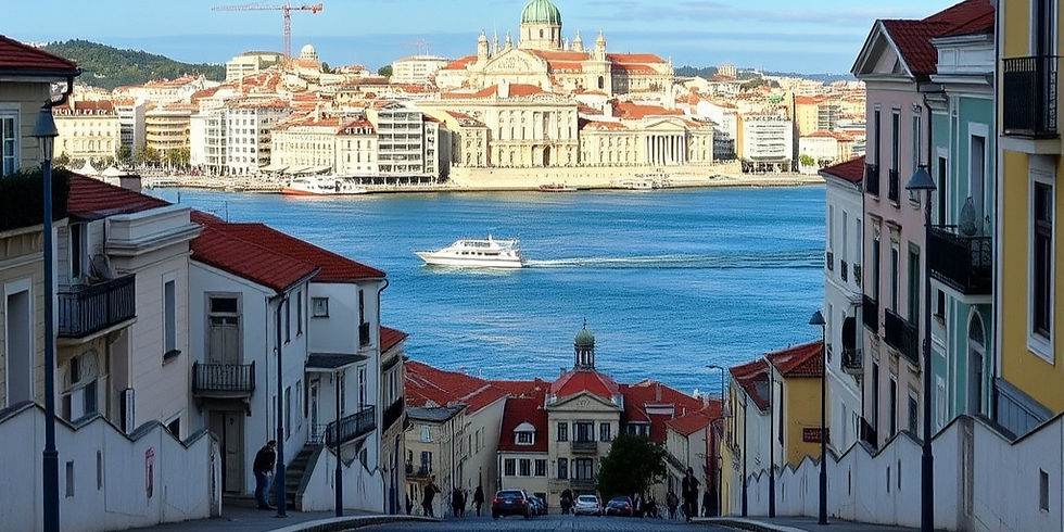 White ferry crosses blue bay between red-roofed hillside buildings, facing a grand domed waterfront city skyline.
