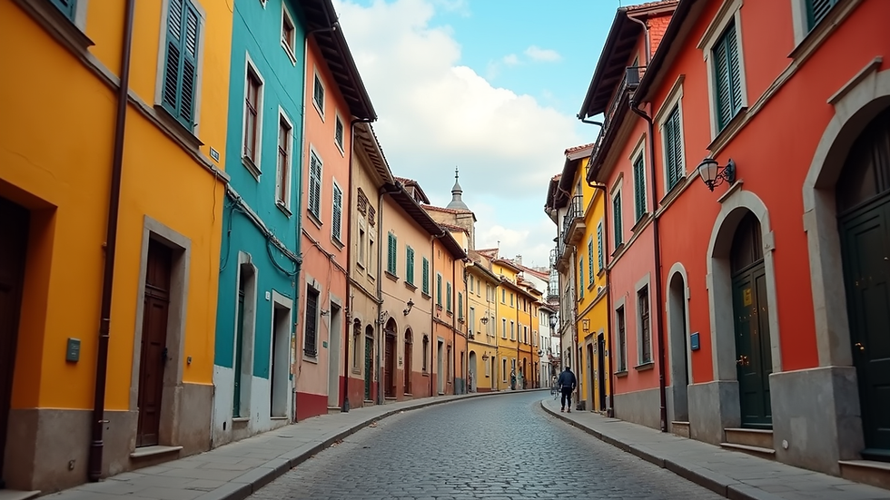Eye-level view of Lisbon’s Alfama district with colorful buildings and narrow streets