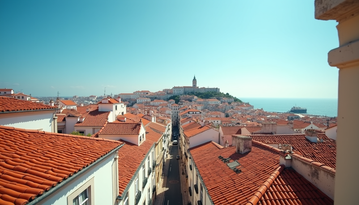 Eye-level view of Lisbon’s historic Alfama district with terracotta rooftops and blue sky