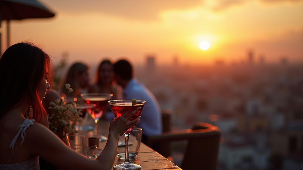 Eye-level view of a rooftop bar with people enjoying drinks and city view at sunset