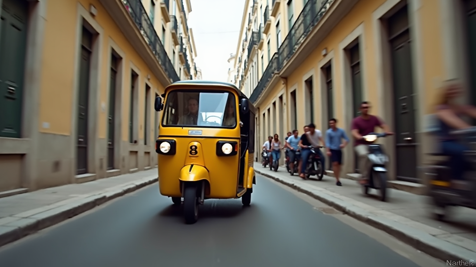 white tuk-tuk driving in a narrow street flanked by tall buildings. People on bikes and pedestrians are visible alongside. Motion blur adds speed.