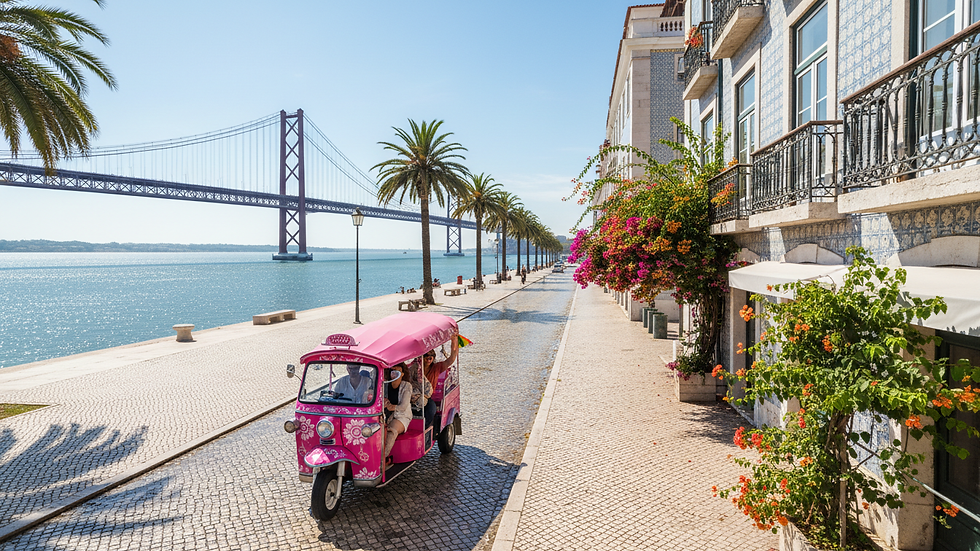 High angle view of a tuk tuk driving along Lisbon’s riverside with the 25 de Abril Bridge in the background