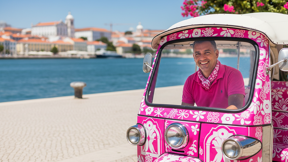 Close-up view of a tuk tuk driver smiling while parked near Lisbon’s waterfront