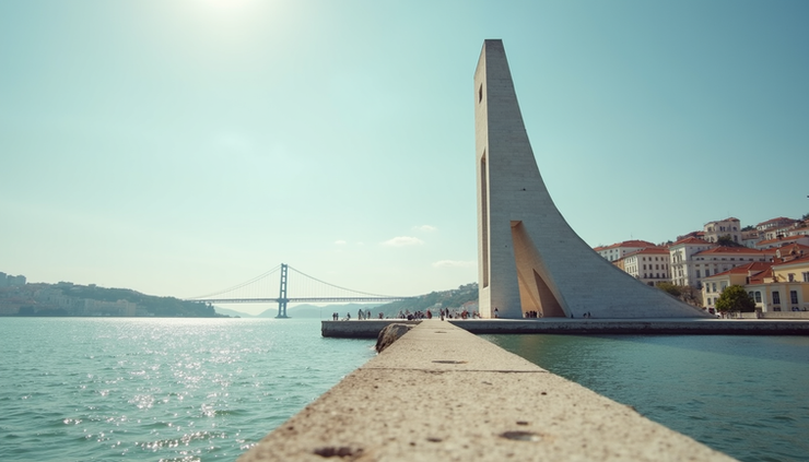 Eye-level view of the Monument to the Discoveries along the Tagus River in Lisbon