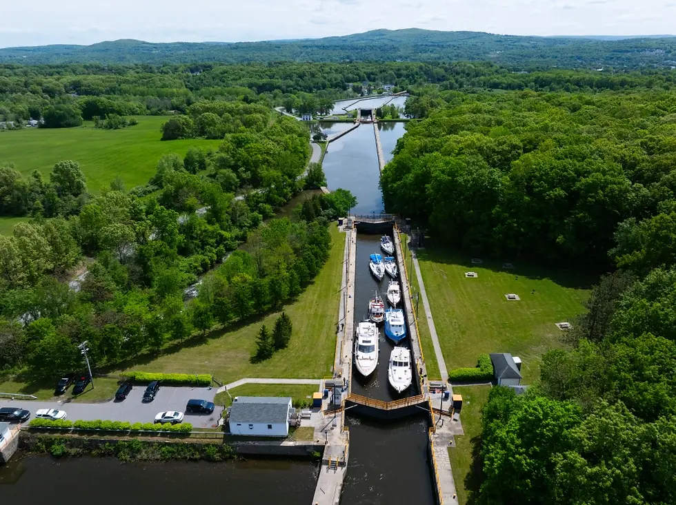 Aerial of Lock Canal 6 park as part of the Flight of Locks in Waterford, NY (Philip Kamrass/New York Power Authority)