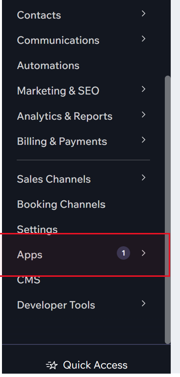 Wix dashboard with apps setting highlighted