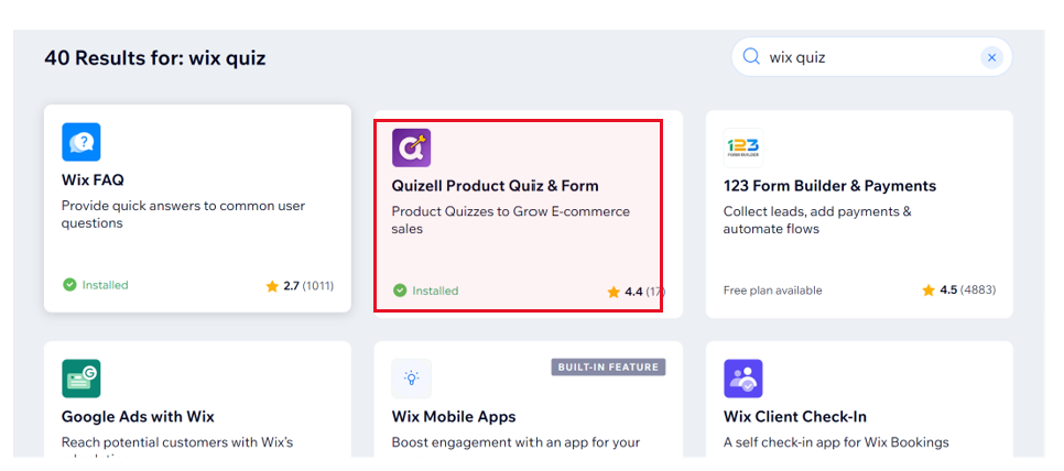 quizzell app for creating quiz in the Wix app market