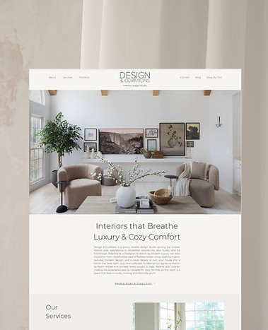 Homepage of Design and Curations website on hover, showcasing luxury kitchen design, custom website design for interior design studio by Cathleen Hall Creative.