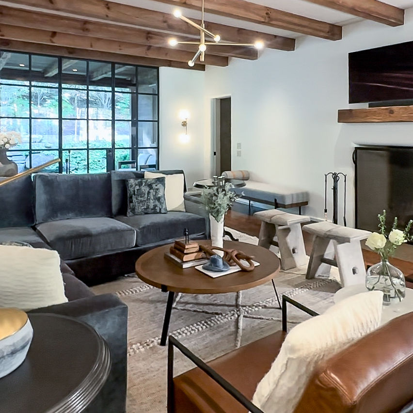 Side angle of main living area at the Bluebell project with cozy atmosphere and open concept space. 