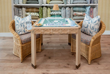 Ceruse oak Mahjong games table with upholstered chairs from the KS Palm Design Collective