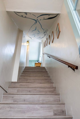 A warm and inviting light wood staircase with a whimsical whale design on the ceiling, adding a touch of playfulness to the studio's interior.