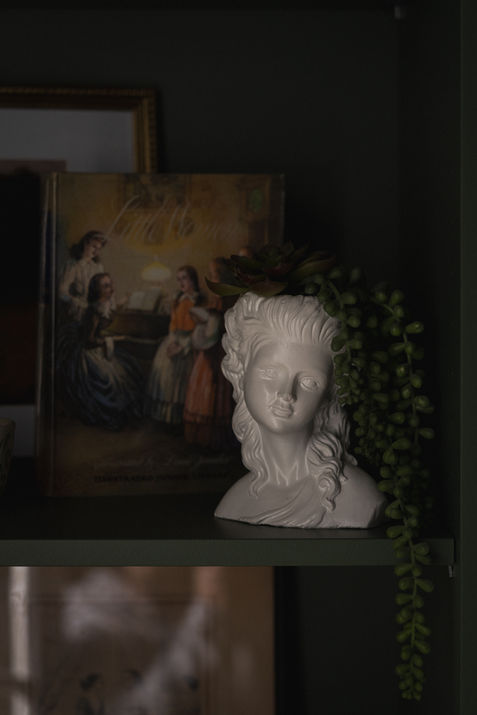 Close-up of statue and framed artwork on custom shelving with greenery accents.