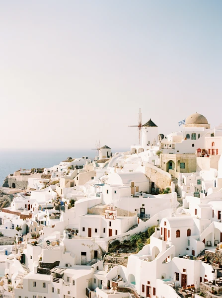 Buildings overlooking ocean in Santorini, Greece.