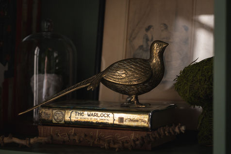 Bronze pheasant figurine displayed atop an antique book on shelving.