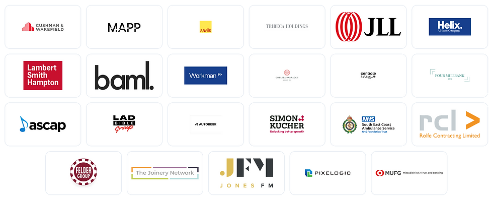 Clients and partners: Cushman & Wakefield, MAPP, Savills, Tribeca Holdings, JLL, Helix, Lambert Smith Hampton, Ballymore, Workman, Chelsea, Centrale & Whitgift, 4 Millbank, ASCAP, LADbible Group, Autodesk, Simon-Kucher, South East Coast Ambulance Service NHS Foundation Trust, RCL, Felder Group, The Joinery Network, Jones FM, Pixelogic and MUFG.